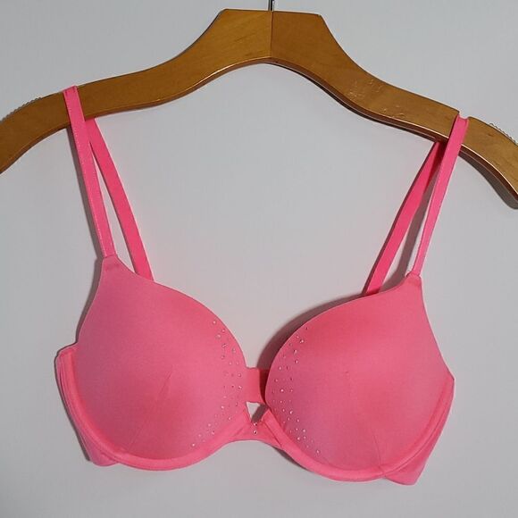 Betsey Johnson Neon Pink Rhinestone Push Up Bra Size 32D - Picture 1 of 11